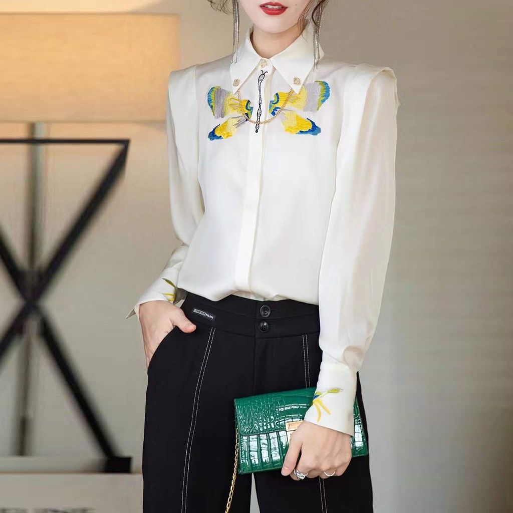 Áo Sơ Mi Giả Lụa Thêu Hình Bướm Thời Trang Công Nghiệp