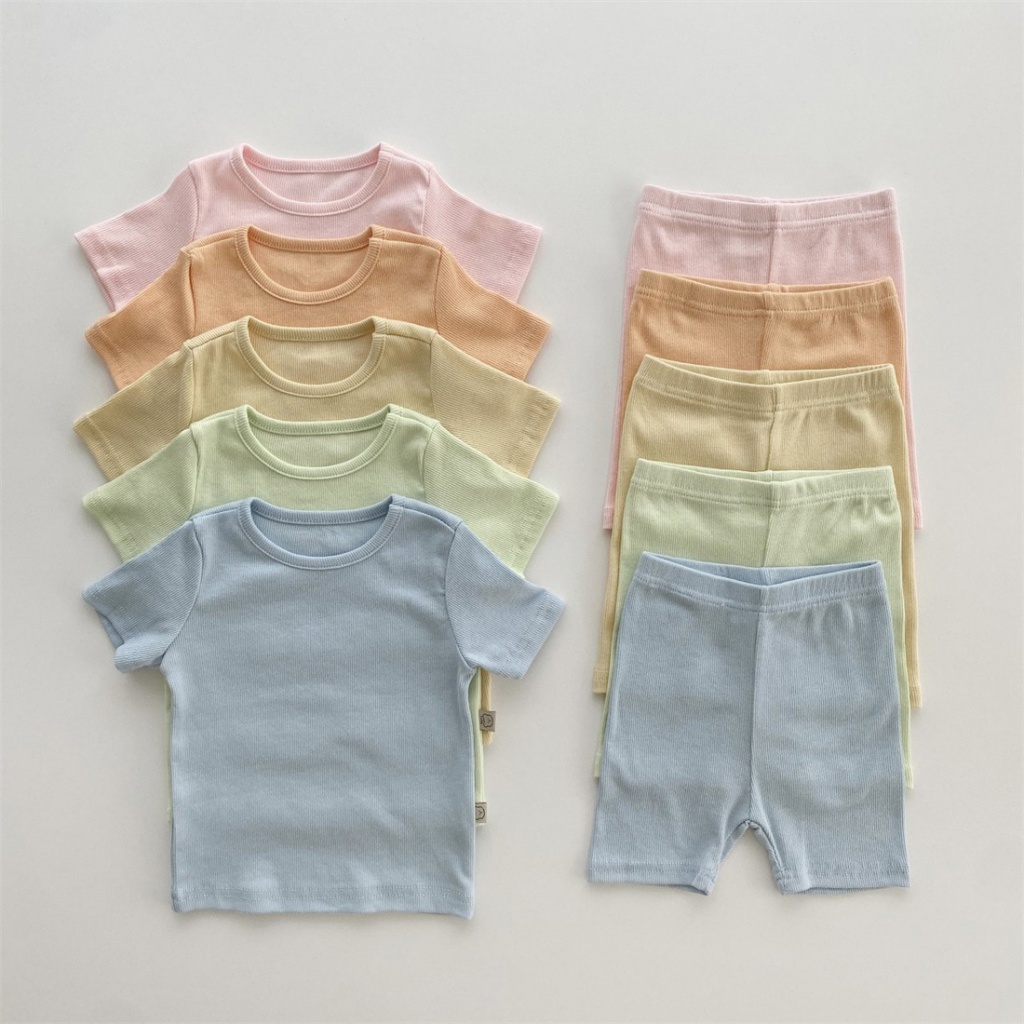 Bộ Áo Quần Cotton Họa Tiết Kẻ Sọc Màu Trơn Phong Cách Hàn Quốc Thời Trang Mùa Hè Cho Bé V6T6