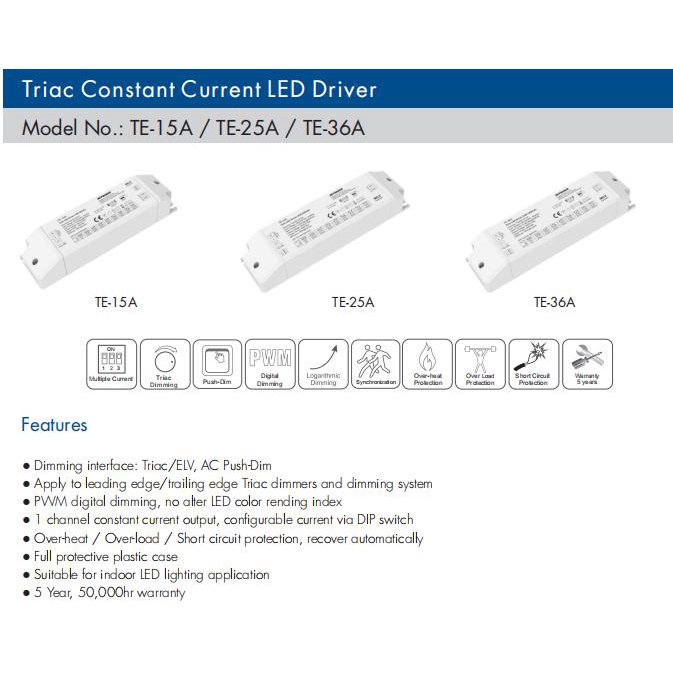 Trình Điều Khiển Điều Chỉnh Độ Sáng Đèn Led TE-15A / 25A / 36A 200-240V 15-36W 150-1200mA