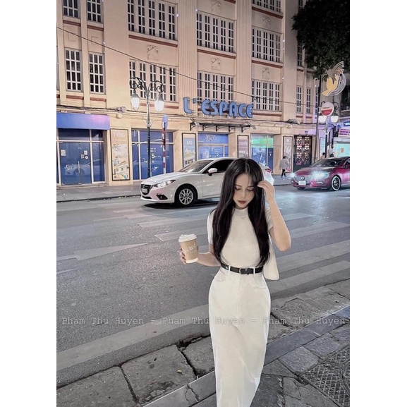 Set áo len tăm chân váy dài/ngắn kèm đai 2 màu Đen Trắng chuẩn mẫu