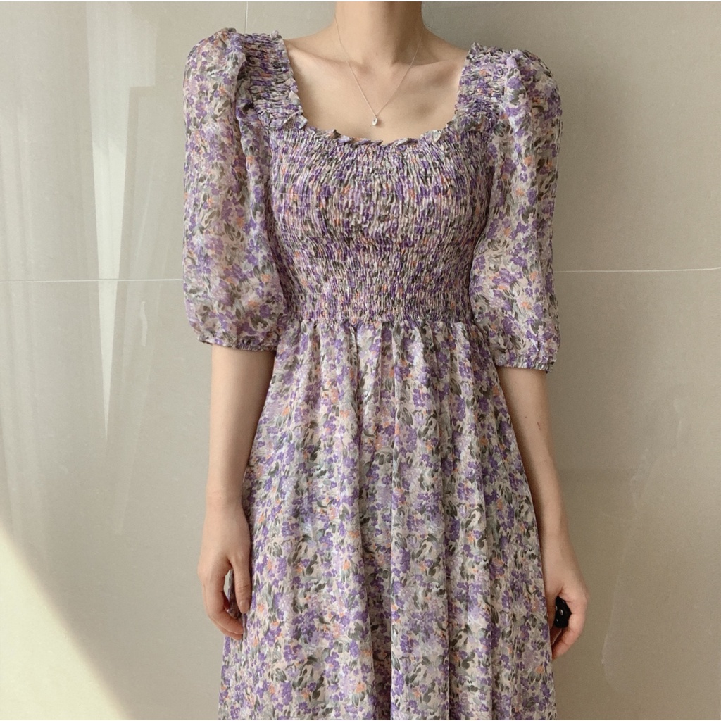 C & M Đầm Voan Hoa Cổ Vuông Xếp Ly Co Giãn Thời Trang Mùa Hè Sang Trọng Mới