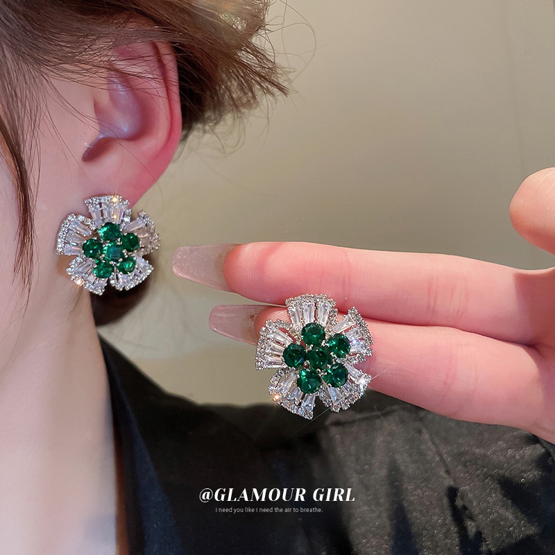 Bông Tai Mạ Bạc Hình Hoa Đính Đá Zircon Phong Cách Âu Mỹ Độc Đáo Thời Trang