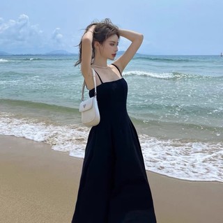 [ Ảnh thật ] Váy 2 dây/ 3 lỗ maxi đen đi biển dáng dài basic chất thun tăm