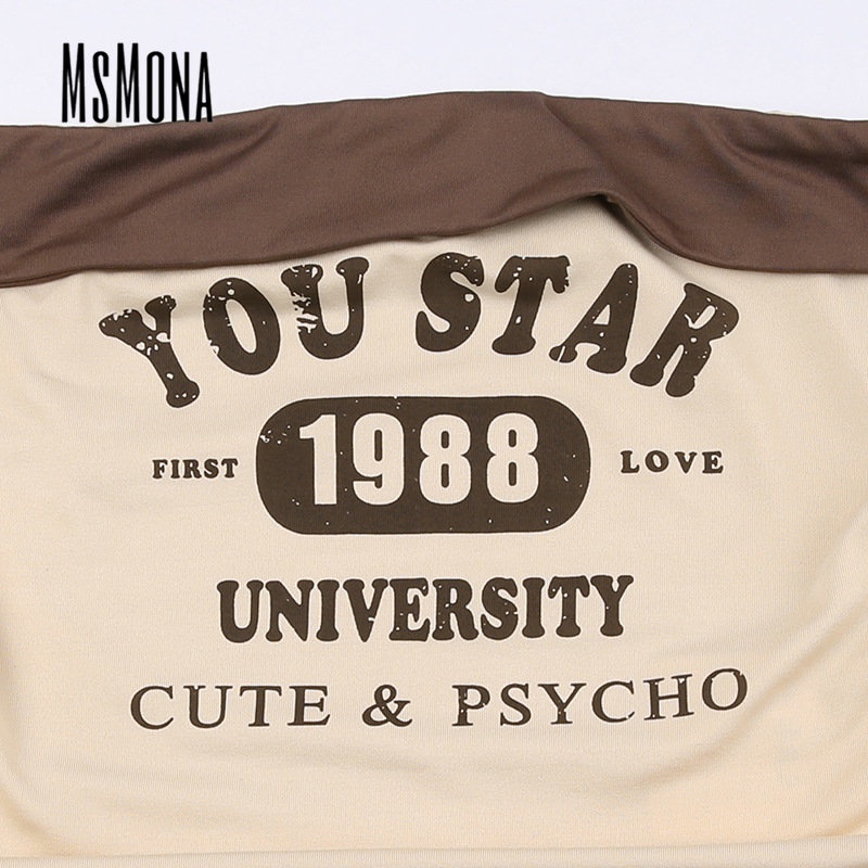 MsMona Áo Ống Mỏng Vừa Vặn Hở Vai In Chữ Màu Tương Phản Thời Trang 2023 Cho Nữ