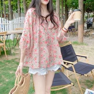 Áo Sơ Mi Vải Lanh Cotton Tay Phồng Cổ Chữ v Form Rộng Họa Tiết Hoa Phong Cách Hàn Quốc