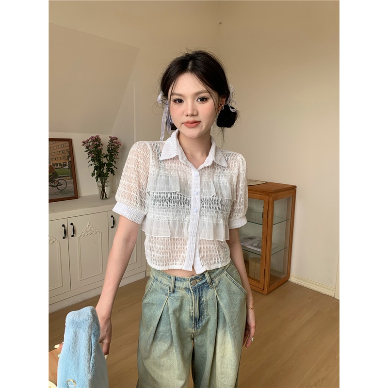 Áo Kiểu Tay Ngắn Cổ Polo Phối Ren Hoa Thời Trang Mùa Hè Cho Phái Nữ