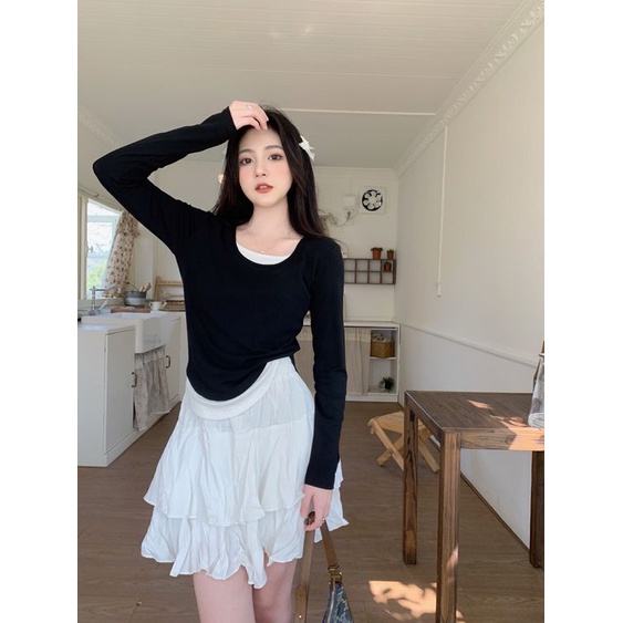 COZOK Áo Thun Tay Dài Dáng Ôm Chắp Vá Thời Trang Và Độc Đáo