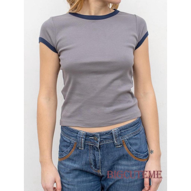 Áo Croptop Tay Ngắn Cổ Tròn Màu Sắc Tương Phản Thời Trang Mùa Hè Cho Nữ