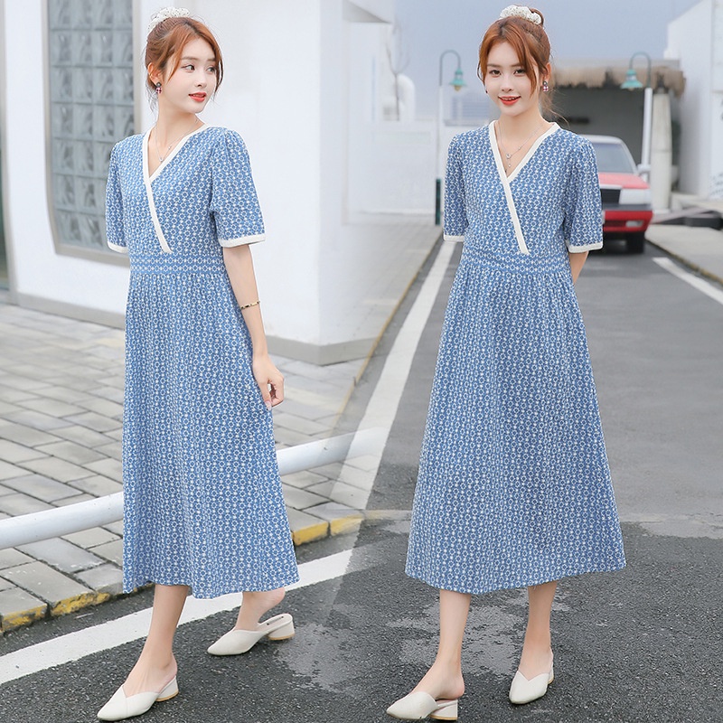 Đầm bà bầu đi biển kỳ nghỉ đầm hoa màu xanh nữ dáng ôm dài vừa phải đầm mẹ bầu