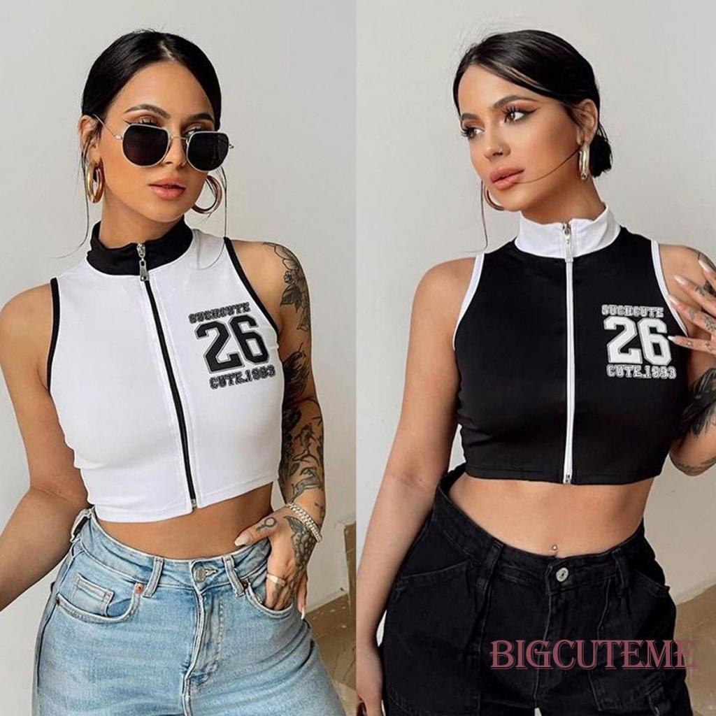 Áo Croptop Sát Nách Có Khóa Kéo In Số Thời Trang Mùa Hè Cho Nữ