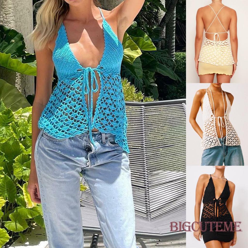 [] Áo Tank Top Dệt Kim Không Tay Màu Trơn Hở Phía Trước Khoét Rỗng Phía Trước Màu Trắng / Đen / Xanh Dương Cho Nữ