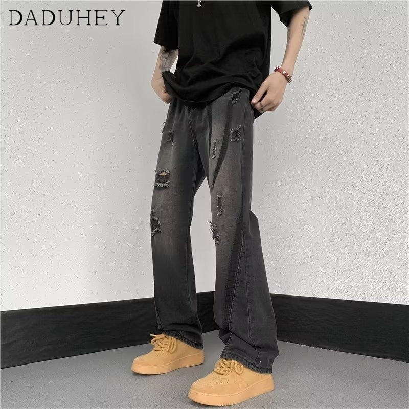 DaDuHey Men's 2023 New Yellow Mud Color High Street Handsome Jeans Hong Kong Style Summer Hip Hop Ins Trendy Personality Broken Holes Pants