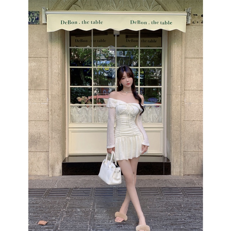 Đầm Tay Dài Ống Loe Lưng Cao Hở Vai Phối Bèo Thời Trang 2023