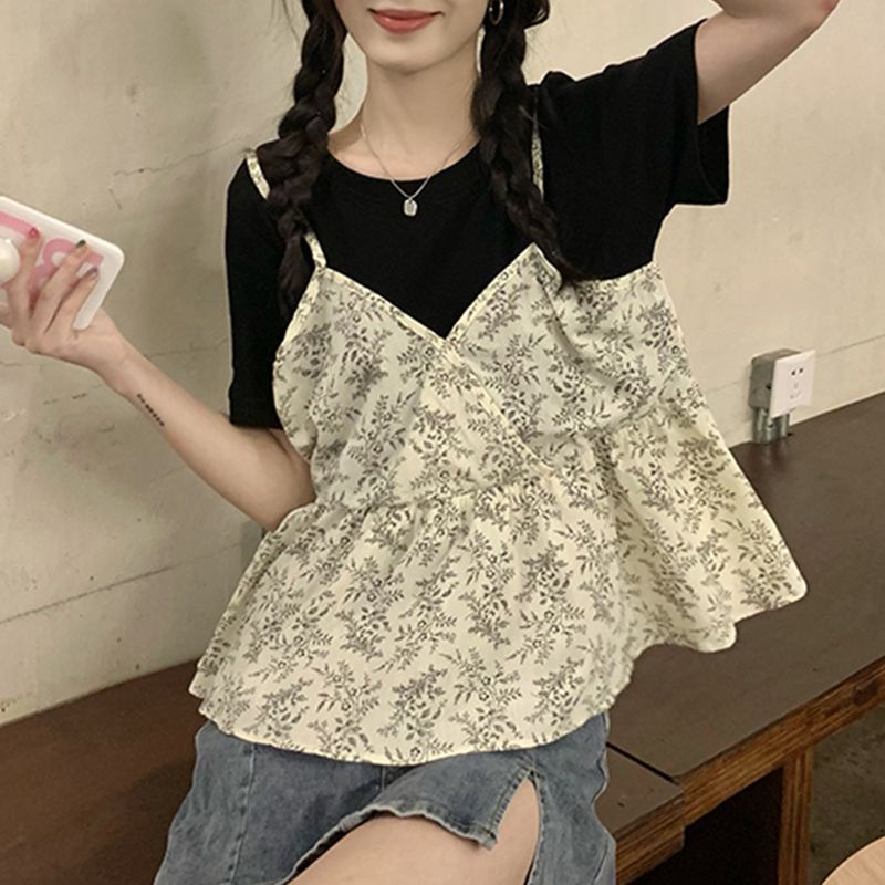 Áo Thun Ngắn Tay Giả Hai Lớp Họa Tiết Hoa Thời Trang Mùa Hè Cho Nữ Lên Đến 300KG