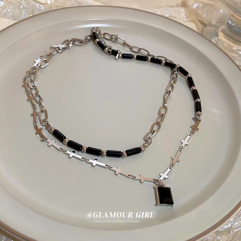 Vòng cổ Hai Lớp Bằng Thép Titan Màu Đen Đính Đá Hình Vuông Thời Trang Cho Nữ