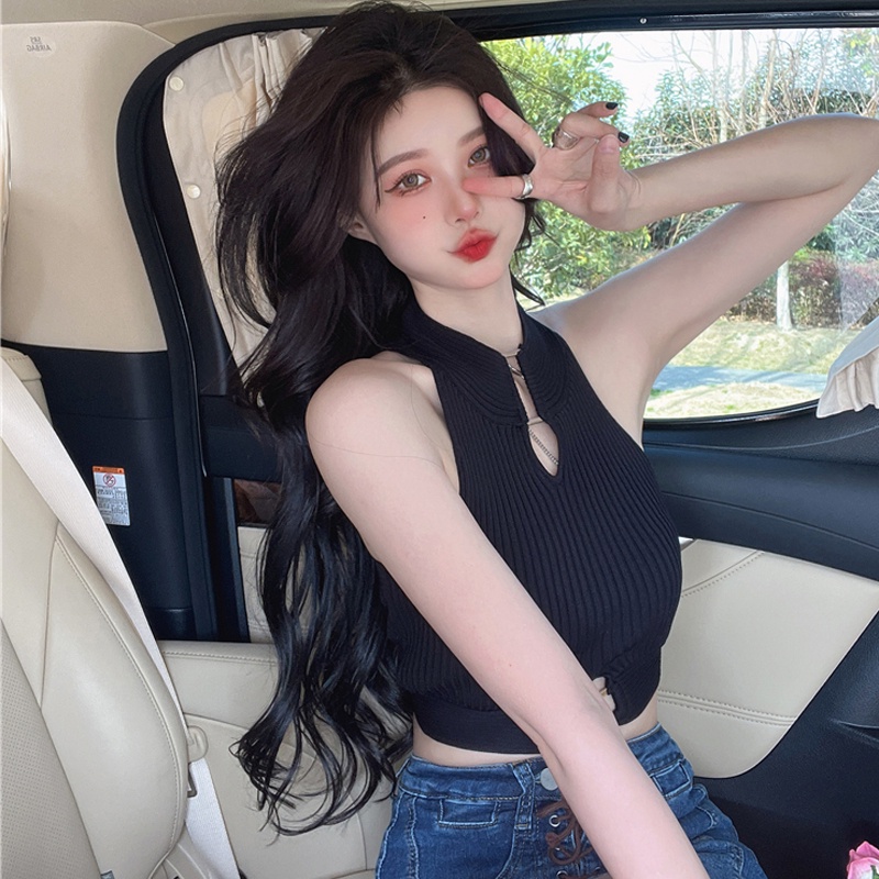 Áo Dệt Kim Sát Nách Dáng Ngắn Khoét Cổ Thời Trang Mùa Hè Quyến Rũ Cho Nữ