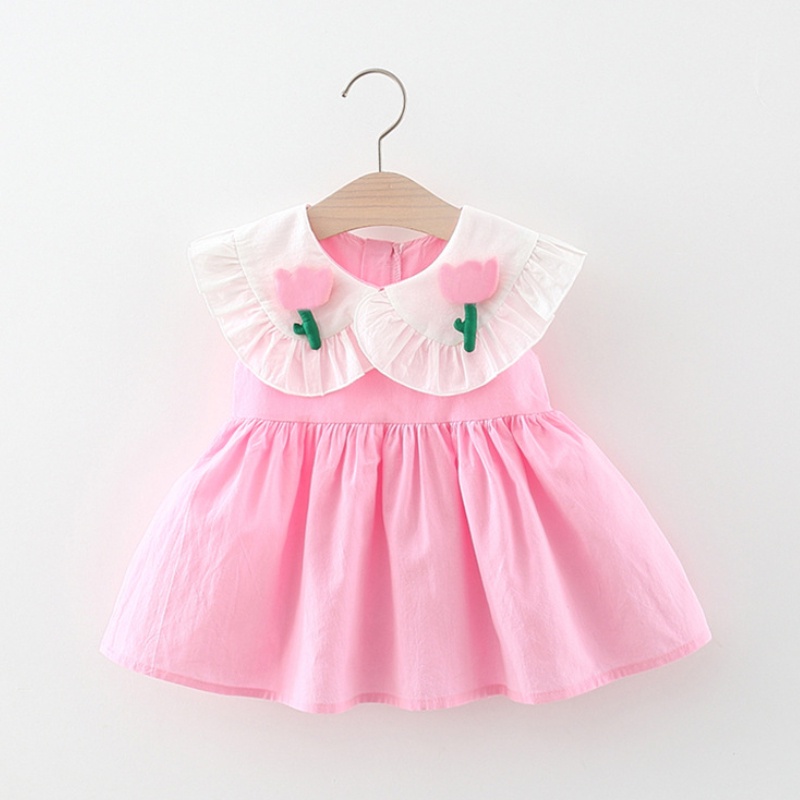 Mùa hè bé gái màu rắn ve áo trẻ em váy công chúa không tay quần áo trẻ em bằng vải cotton