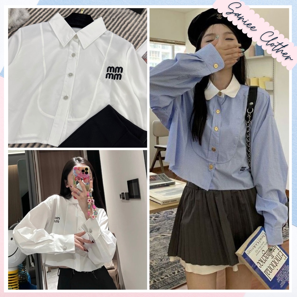 Sơ mi croptop nữ kẻ xanh dáng ngắn kẻ xanh thêu Miu Miu SanieeClothes