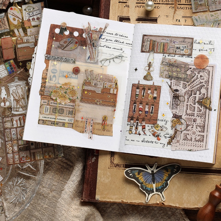 Set 3 tấm sticker PET lấp lánh mẫu các loại văn phòng phẩm lấp lánh