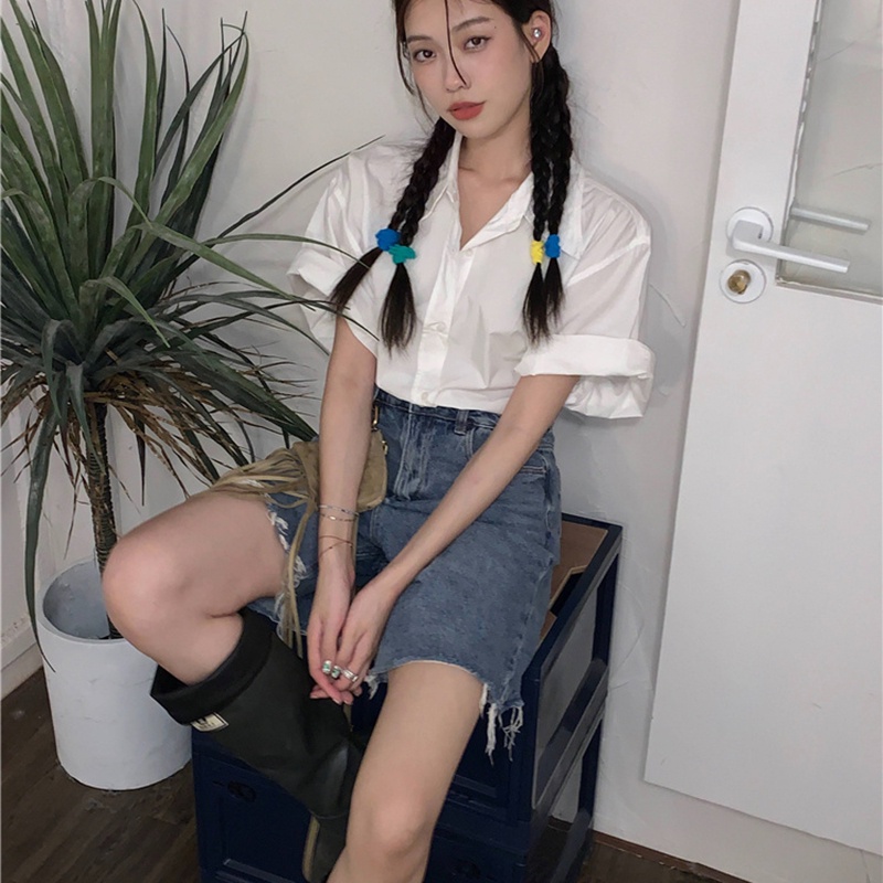 IELGY Áo Sơ Mi Tay Ngắn Dáng Ôm Màu Xanh Dương Dễ Phối Đồ Thời Trang Cho Nữ