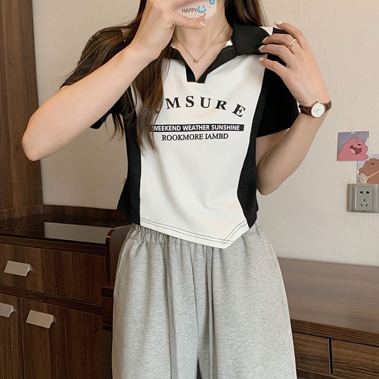 COZOK Áo polo Ngắn Tay In Chữ Ôm Dáng Thiết Kế Lệch Tà Cá Tính