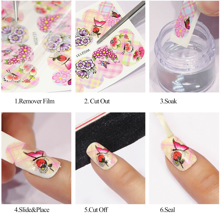 Bộ 12 Miếng Dán Móng Tay Hình Bướm Phối Dây Ruy Băng Màu Đen / Xanh Dương Độc Đáo