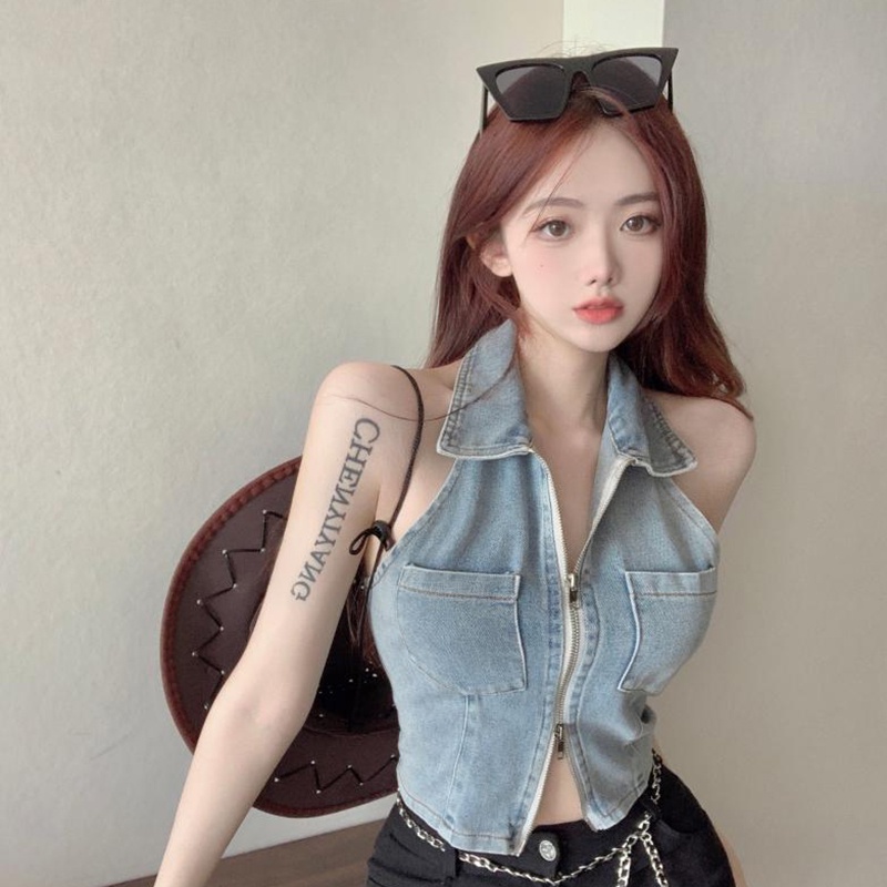 IELGY  Áo denim Hai Dây Ngắn Có Khóa Kéo Phong Cách Âu Mỹ Cho Nữ