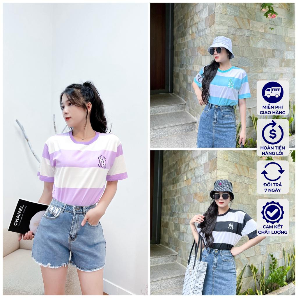 Áo Thun MLB NY Áo Phông MLB Nam Nữ Tay Lỡ Form Rộng phối sọc hot trend