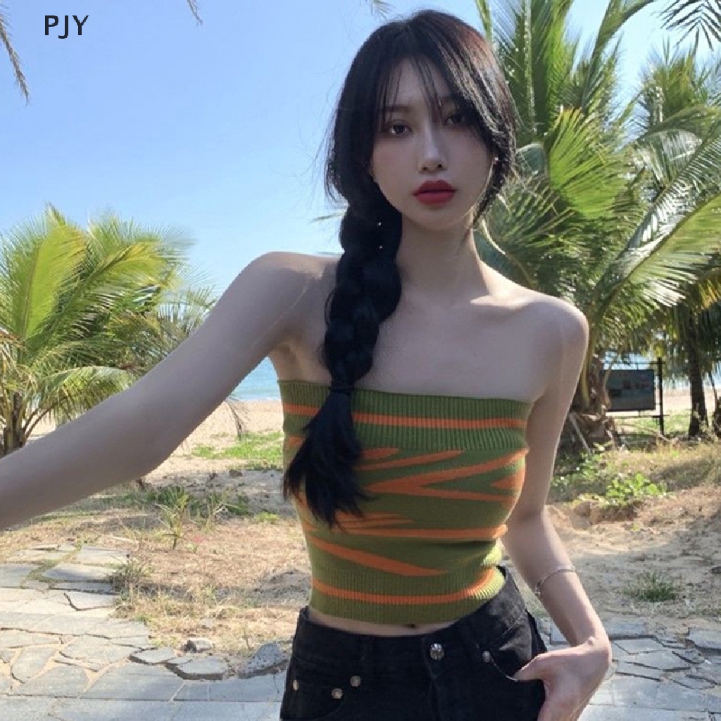 Áo Crop Top Dệt Kim Trễ Vai Không Tay Họa Tiết Kẻ Sọc Màu Xanh Lá Thời Trang Cho Nữ