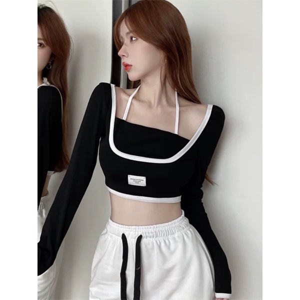 Áo croptop tay dài kèm yếm, dáng ôm body gợi cảm siêu xinh  GB alohashop91