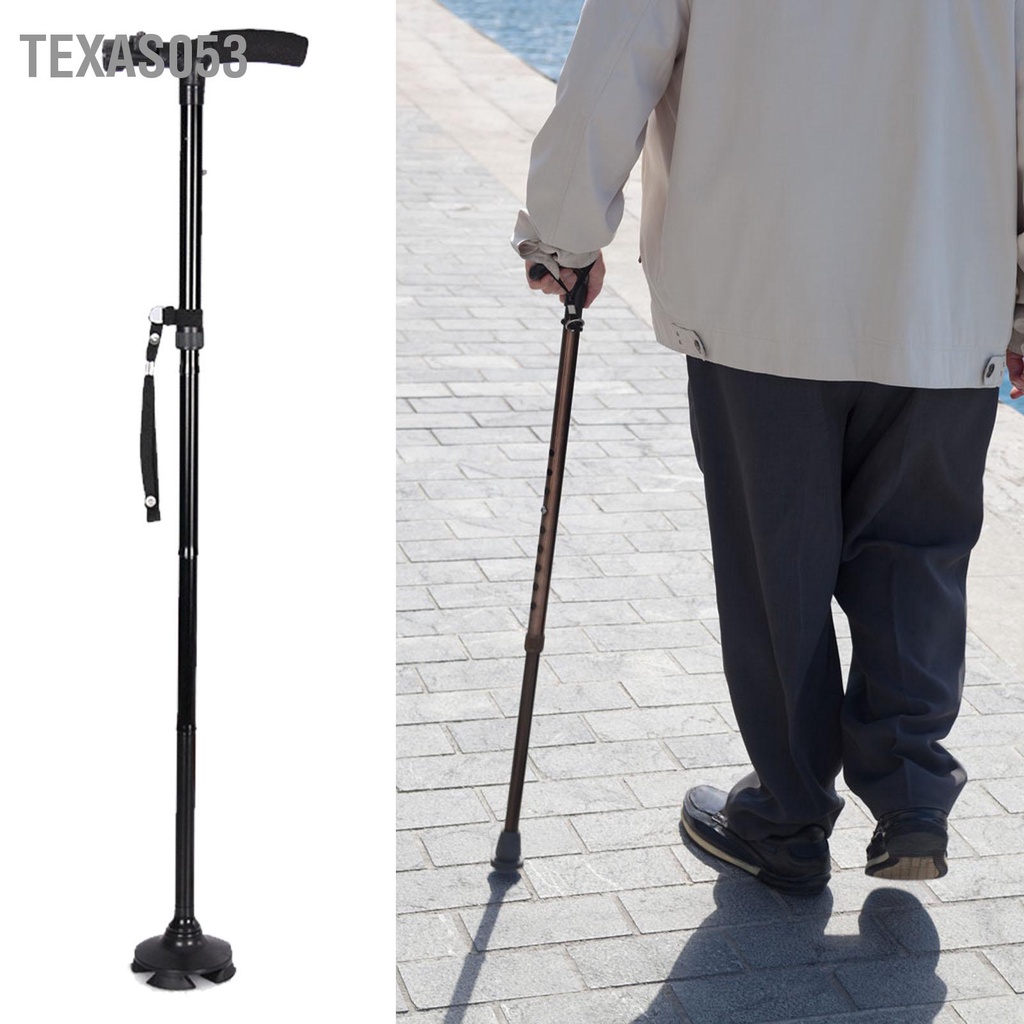 Texas053 Hợp kim nhôm Nạng Đèn LED Giảm xóc Quad Foot T Loại Tay cầm mở rộng Gậy đi bộ