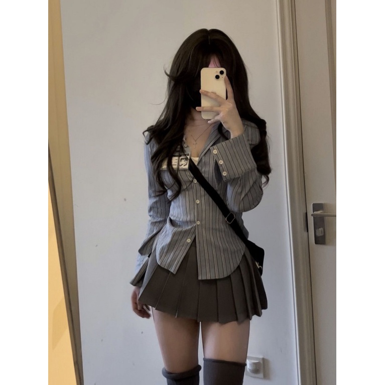 Bộ Áo Sơ Mi Tay Dài Kẻ Sọc Phối Chân Váy Xếp Ly Thời Trang Xuân Thu Cho Nữ