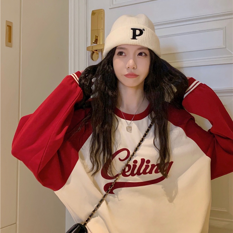 IELGY  Áo sweater Tay raglan In Chữ Phong Cách retro Mỹ Cho Nữ