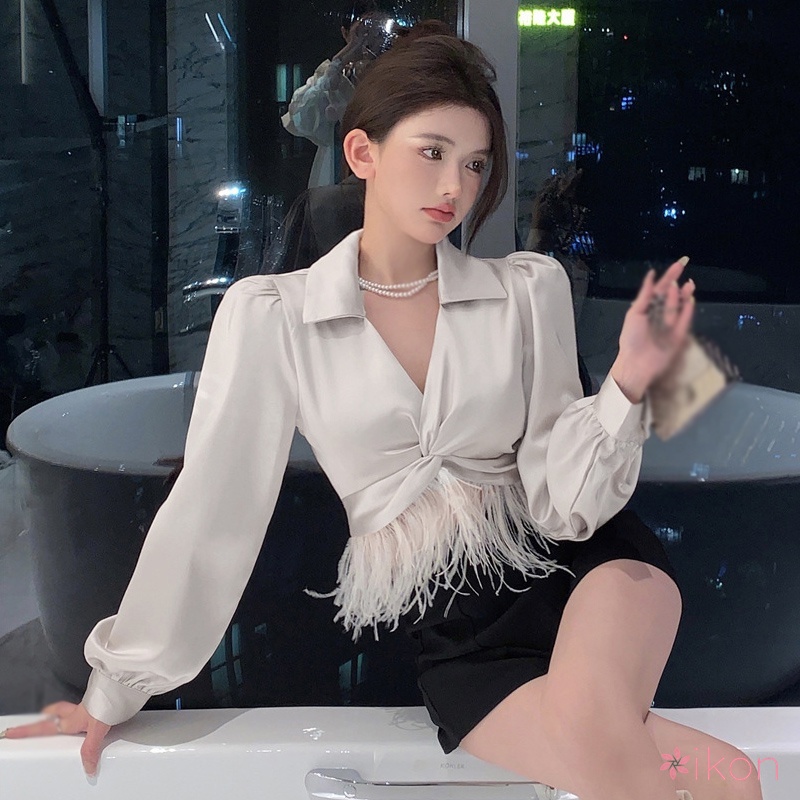 Áo Kiểu Tay Dài Cổ Chữ V Form Ôm Phong Cách Quyến Rũ