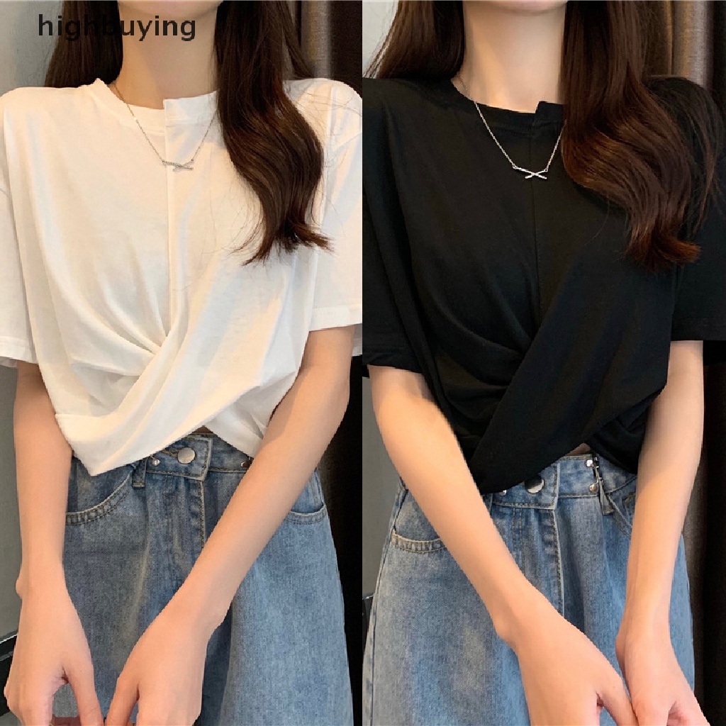 Áo Thun Lửng Ngắn Tay Cổ Tròn Vạt Chéo Thời Trang Nữ Tính