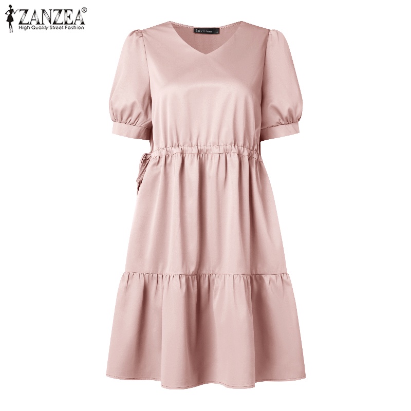 Đầm ZANZEA tay ngắn phồng cổ chữ V phối dây rút thời trang cao cấp