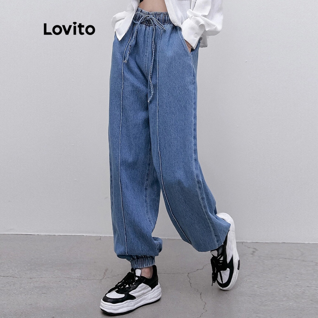 Quần Jeans Nữ Lovito Casual Trơn Có Đệm Lưng Thun L39AD076 (Xanh dương)