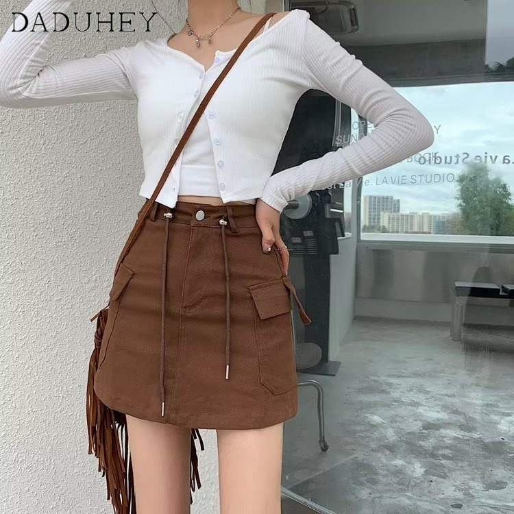 DaDuHey New American Workwear Denim Skirt High Waist Drawstring A- Line Skirt Fashion Plus Size Skirt