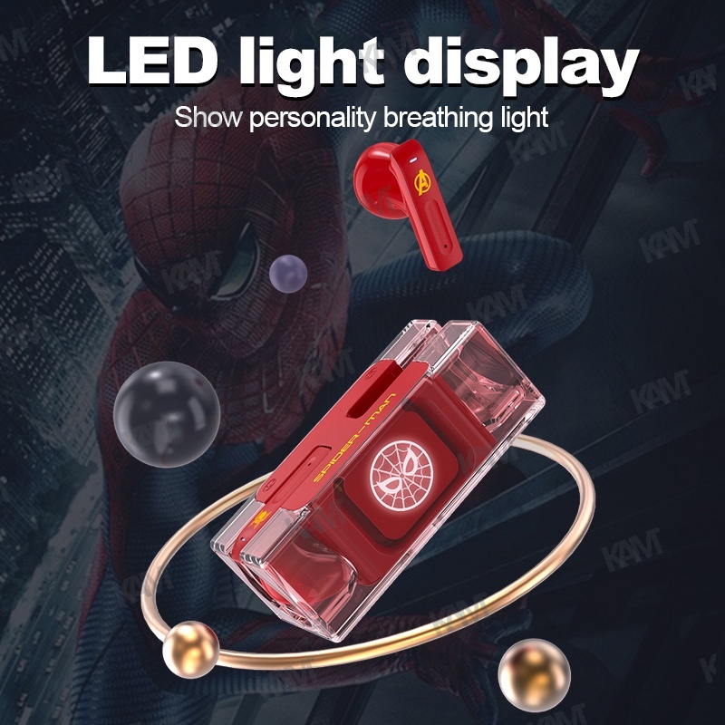 Kam Original Disney Marvel MV03 TWS tai nghe không dây cảm ứng thông minh Bluetooth 5.3 với ánh sáng LCD micrô chế độ kép HIFI hiệu ứng âm thanh tai nghe hoạt hình Mẫu Iron Man Spider-Man tai nghe thể thao độ trễ thấp Tai nghe pin dài