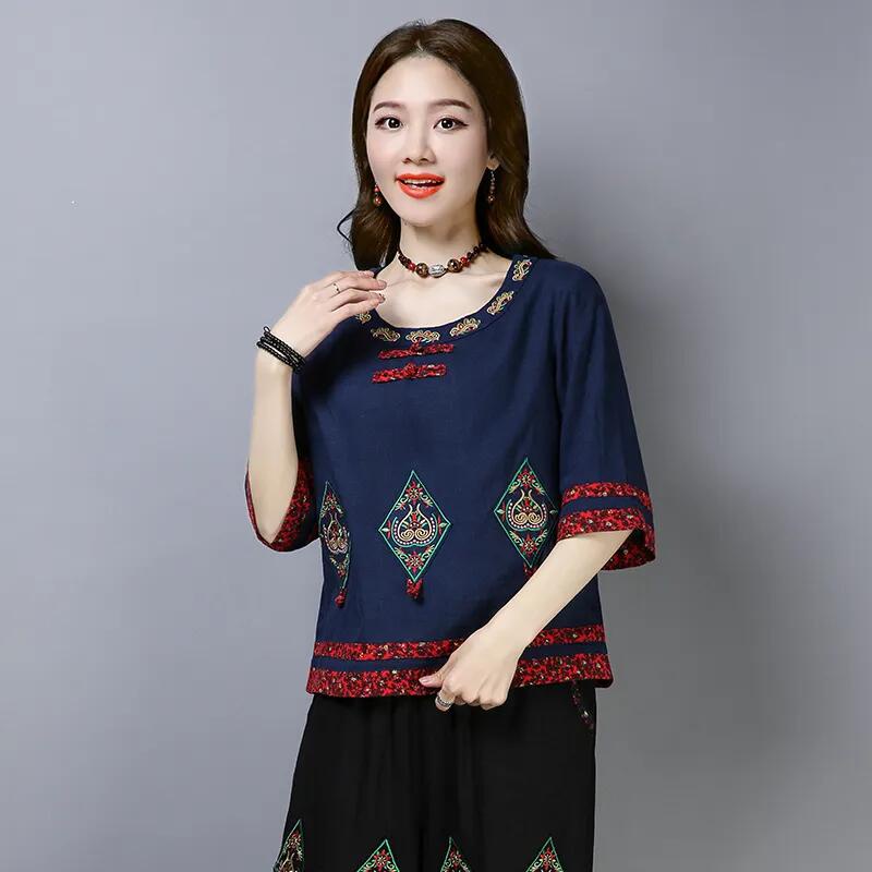 Áo Sơ Mi Cotton Lanh Tay Lửng Dáng Rộng Thêu Họa Tiết Xinh Xắn Thời Trang