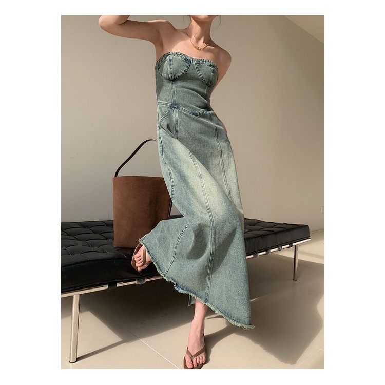 [Hàng Có Sẵn] Đầm Denim Chữ A Ôm Dáng Màu Xanh Dương Cổ Điển Phong Cách Mới 2023