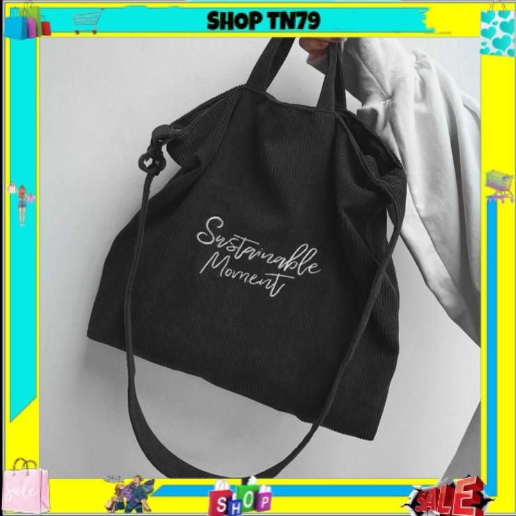 Túi tote đeo chéo vải nhung thêu chữ siêu to ullzang unisex đi học đi chơi