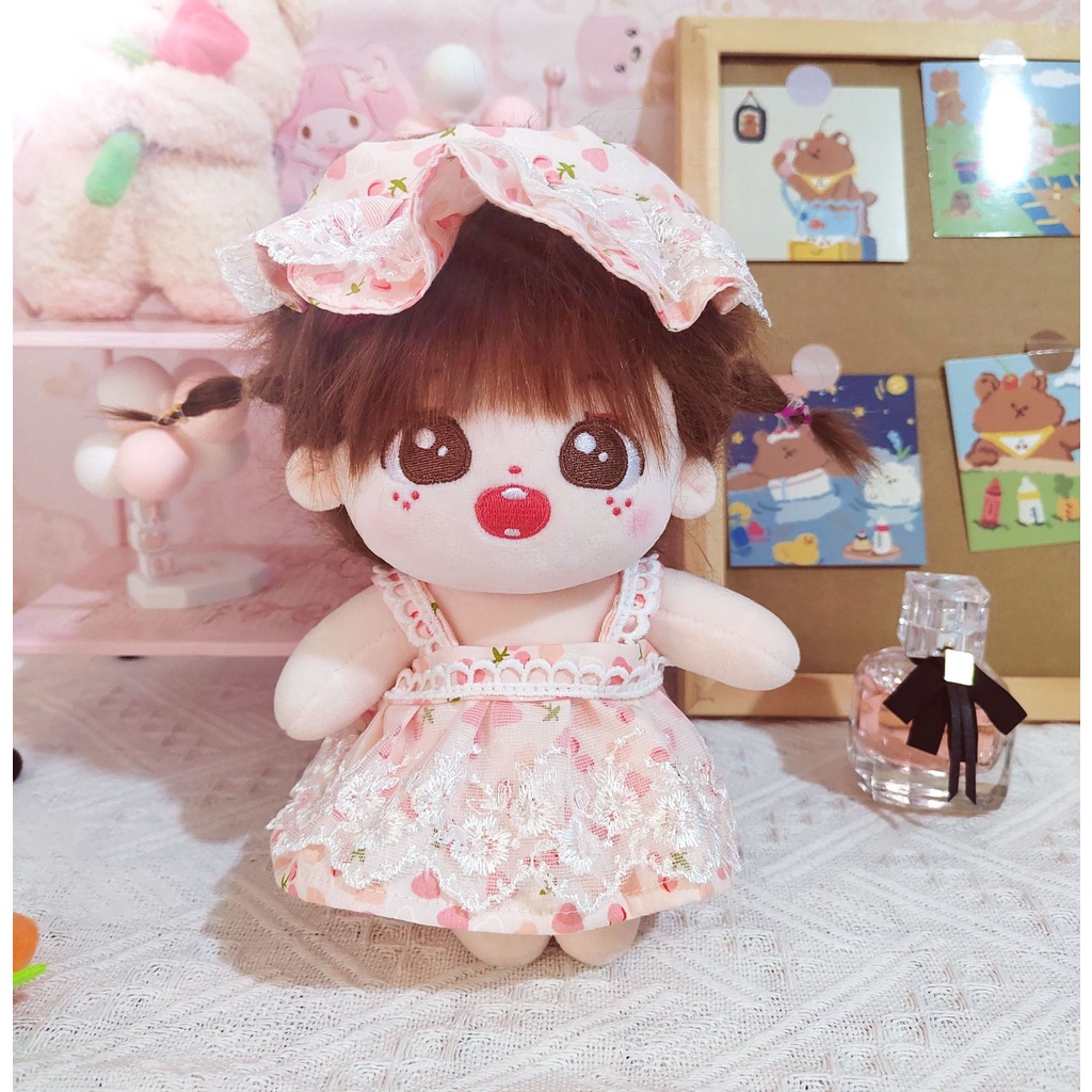 Búp Bê Mặc Váy Yếm Kèm Mũ Vải Cotton 20cm Thiết Kế Dễ Thương Cho Bé