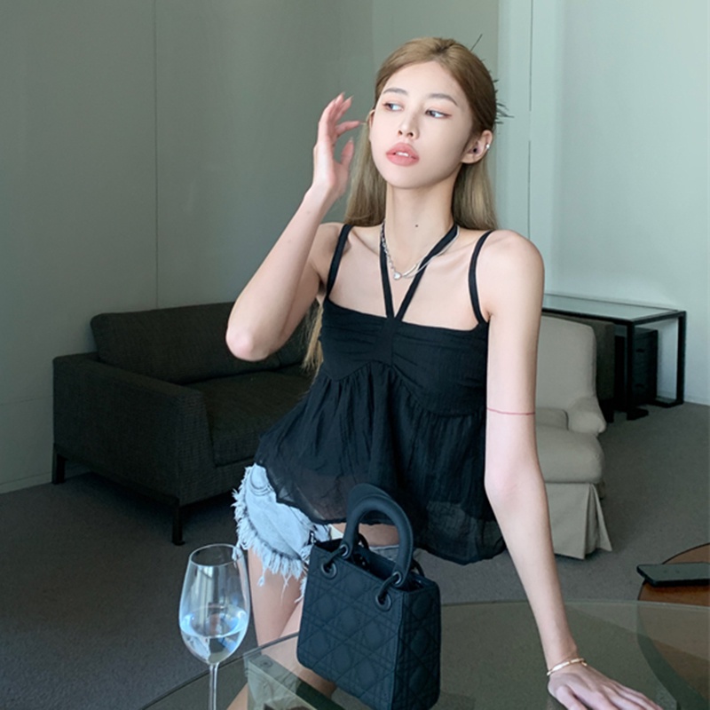 IELGY   Áo hai dây Lưới Cổ Yếm Hở Lưng Kiểu Pháp Xinh Xắn Cho Nữ