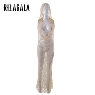 RelaGala Thời Trang Nữ Màu Trơn Cutout Có Mũ Trùm Đầu Không Tay Nhìn Xuyên Qua