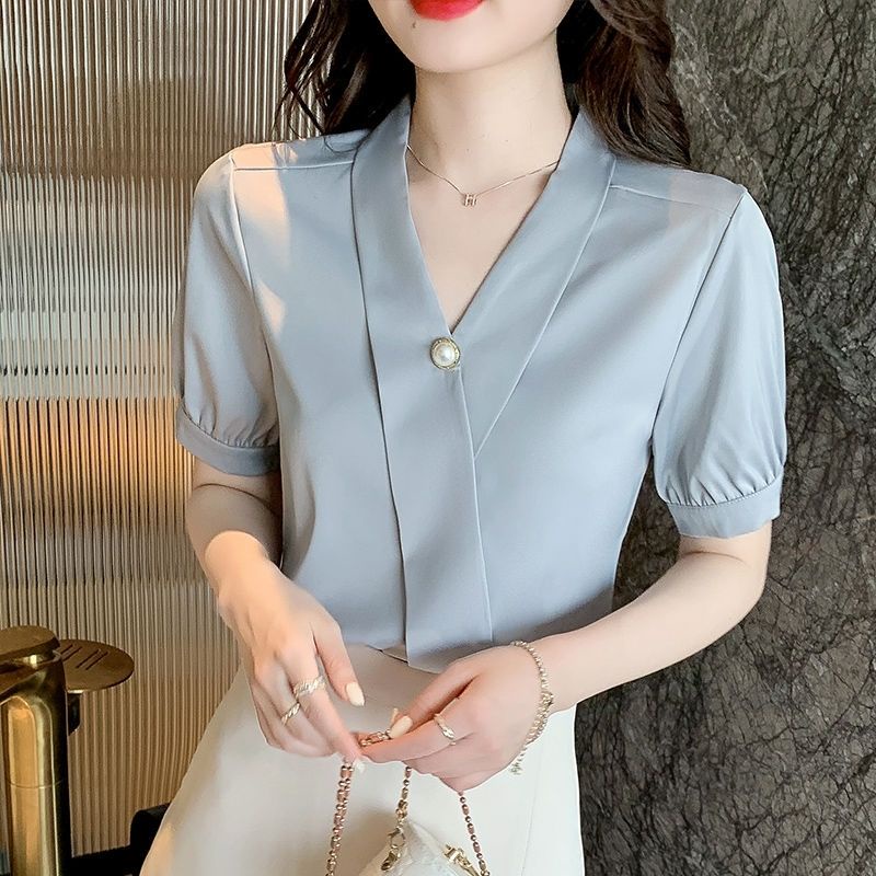 Áo Sơ Mi Chiffon Tay Ngắn Cổ Chữ v Đính Ngọc Trai Phong Cách Mới Mùa Hè Cho Nữ Ume4