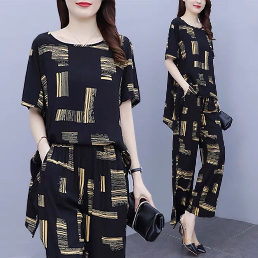 Set Áo Quần Form Rộng Thời Trang Mùa Hè Phong Cách Phương Tây Cho Phụ Nữ Trung Niên
