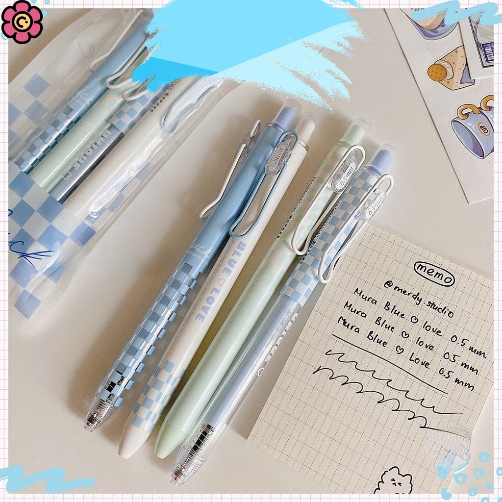 Bút bấm Mura Blue Love hoạ tiết caro mực đen, ngòi 0.5mm