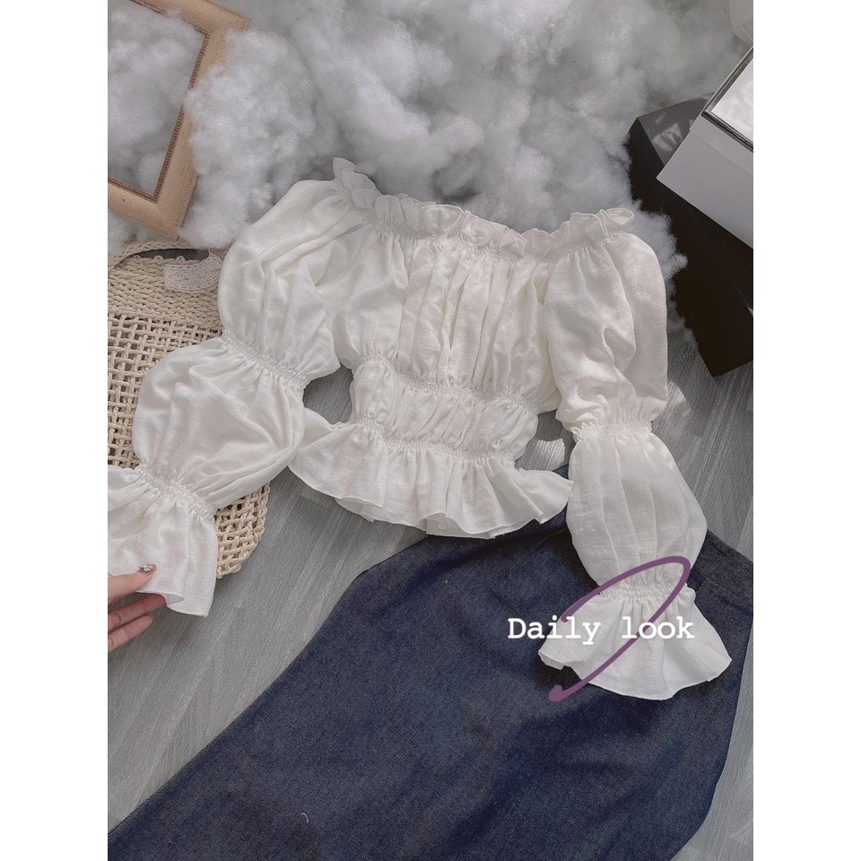 Set áo trắng bẹt vai tay dài+chân váy midi xanh💖 KÈM ẢNH THẬT