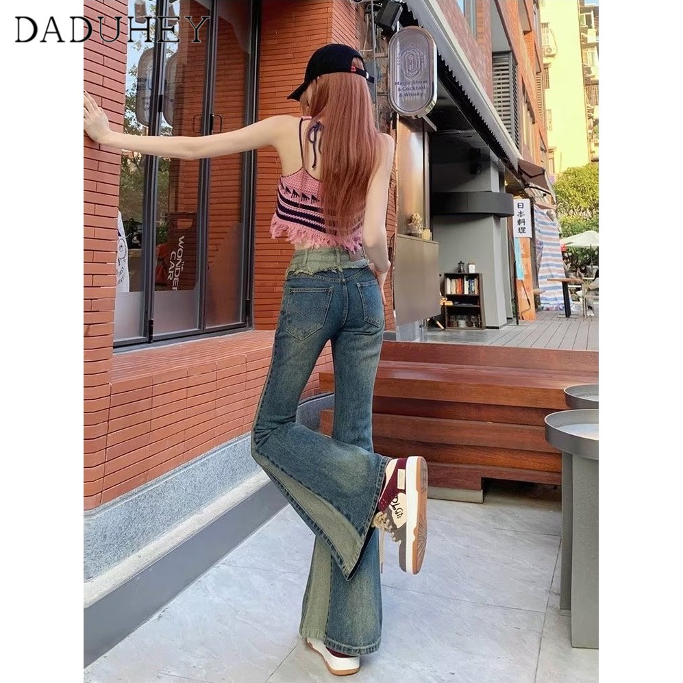 DaDuHey New Korean Version of INS Retro Jeans High Waist Stitching WOMEN'S Flared Pants Large Size Trousers